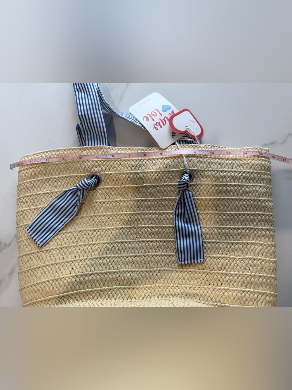 Straw Tote beach Bag with Blue-White Striped Handles - Picture 8 of 11